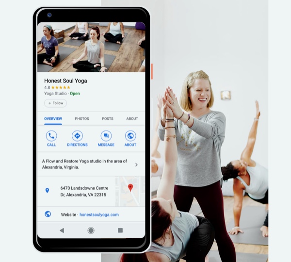 Google My Business Listing for example yoga studio in Virginia displaying photo of people doing yoga