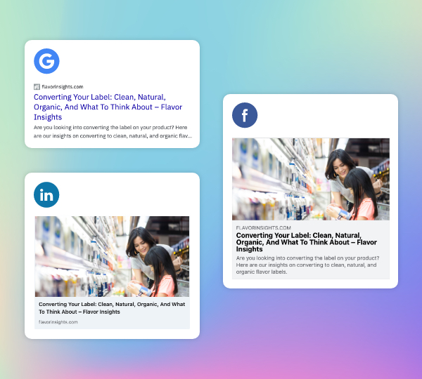 Social sharing previews for Google, Facebook, and LinkedIn showing text and image for blog post example